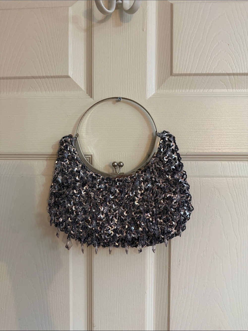 Silver Sequin Evening Handbag with Metal Ring Handle